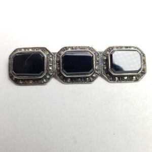 Vintage Sterling Silver Black Onyx and Marcasite Panel Bar Brooch, Estate